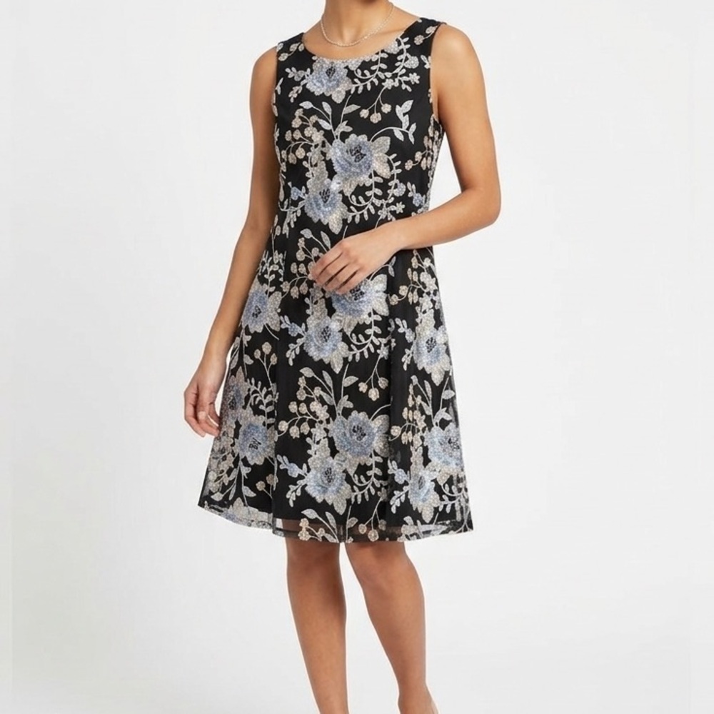 Signature by Robbie Bee Black Dress with Blue and Cream Floral Embroidery